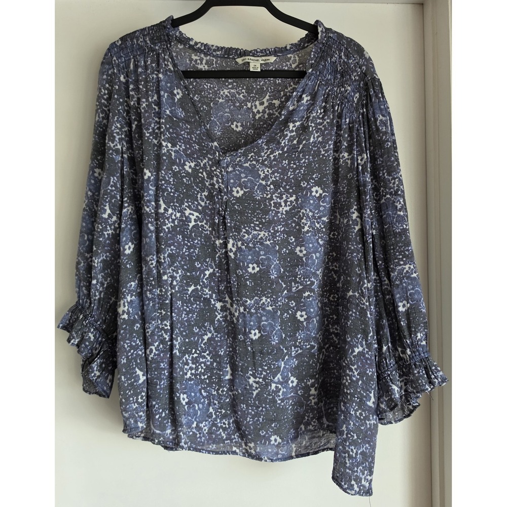 Zac & Rachel Woman Blouse 2X Floral Blue White 3/4 Sleeve Top Shirt Plus